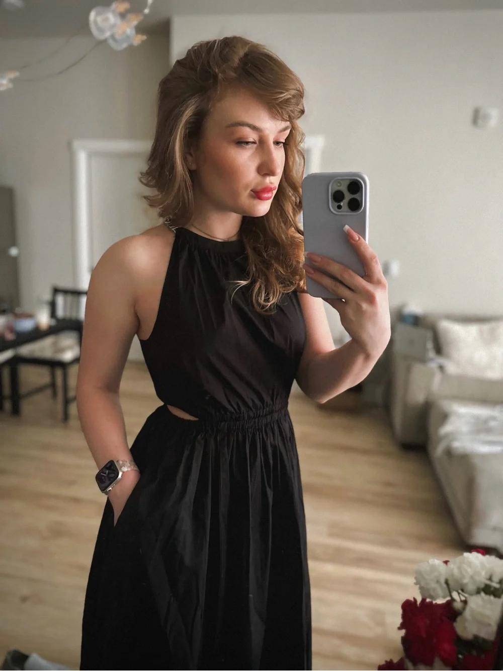Michael Kors Black Midi Dress with Chain-Strap Detail